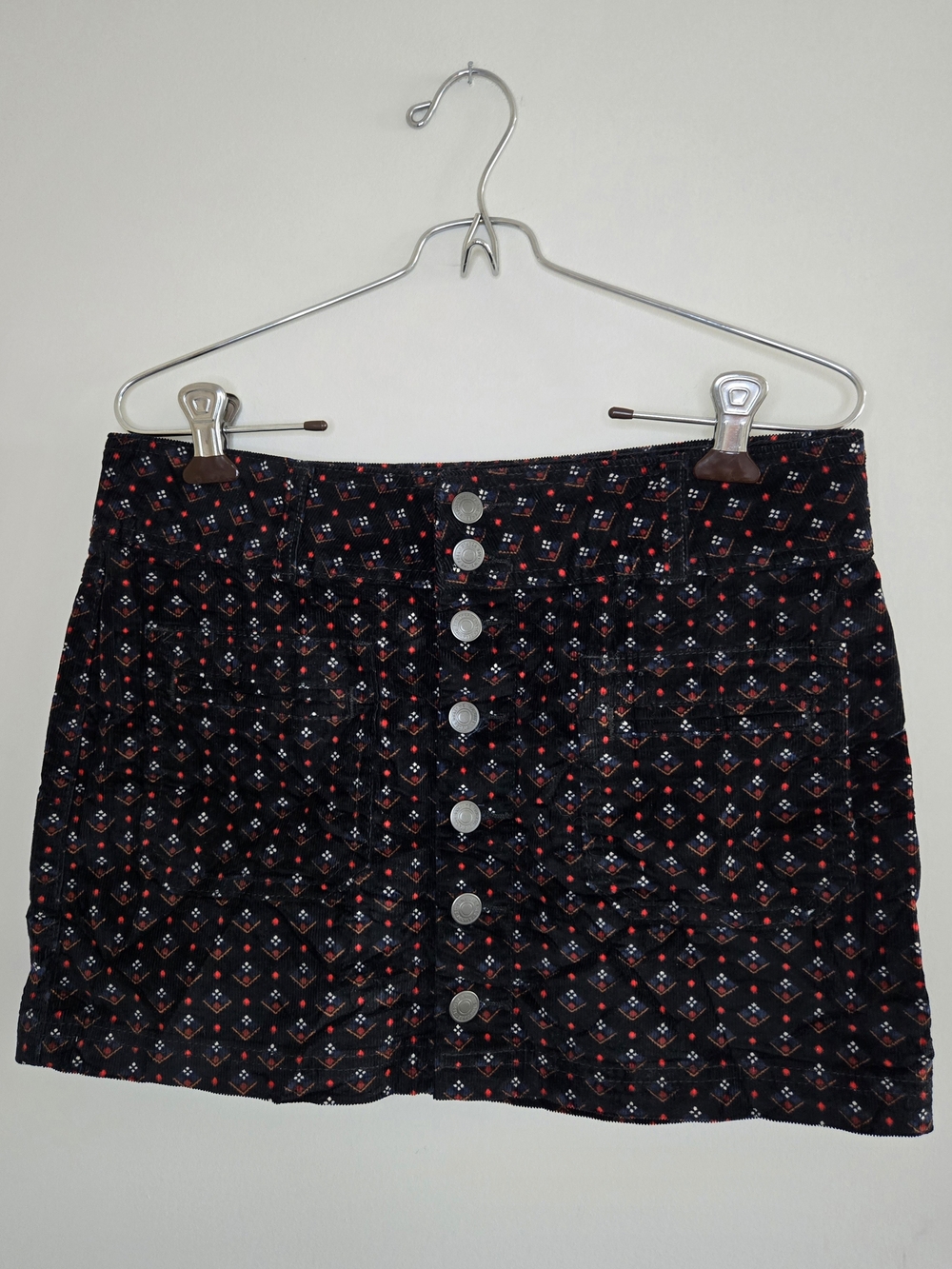 We The Free, Free People black, red pattern corduroy button-front mini skirt